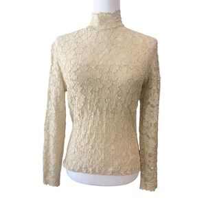 Kay Celine Mock Neck Top Women L Gold Vintage‎ Long Sleeve Lace Old Money